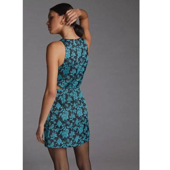 NWT Anthropologie Hutch Floral Jacquard Cut-Out Mini Dress Teal Black Floral 10 - Picture 4 of 4